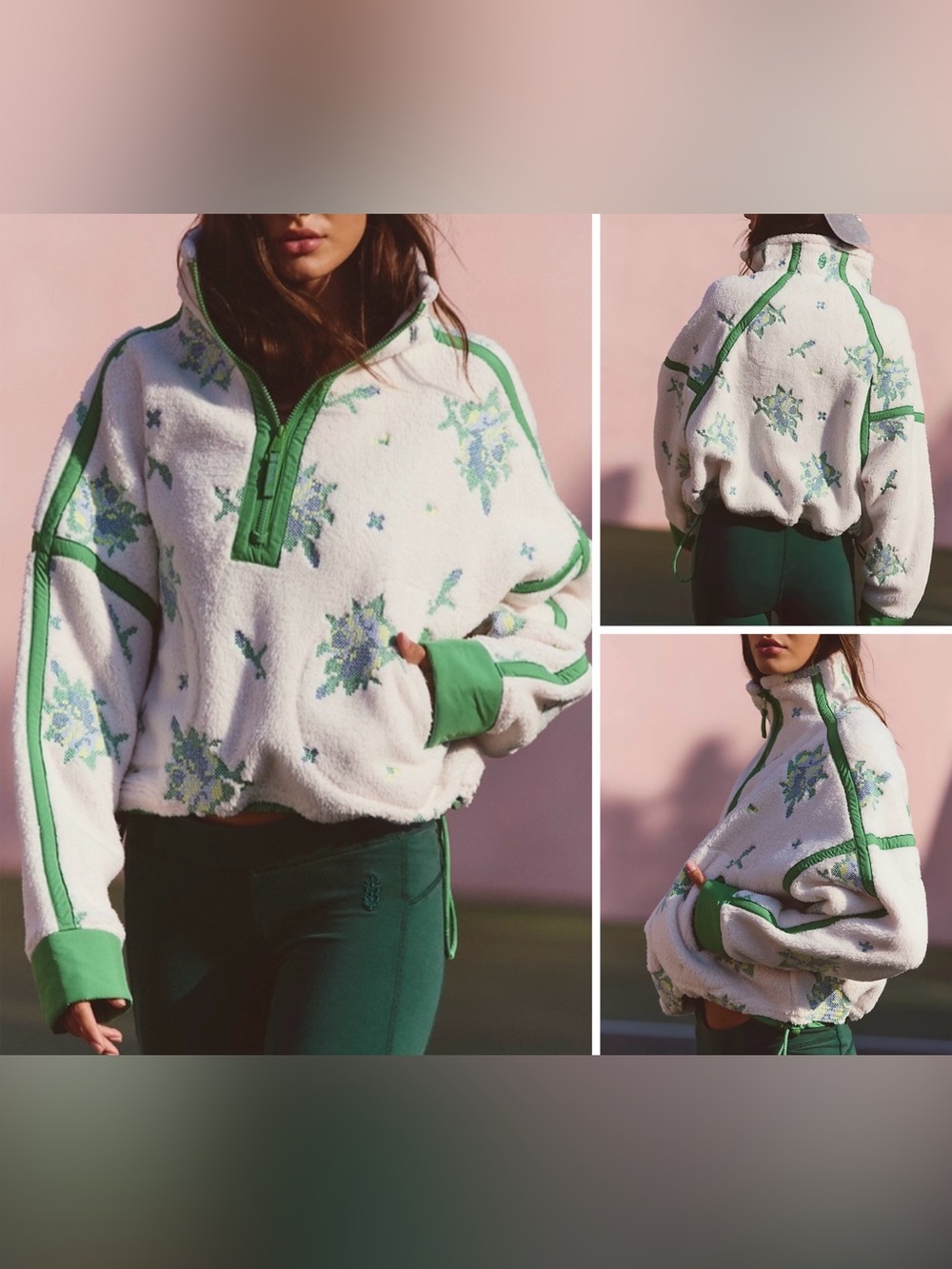 Free People FP Movement Mountain High Embroidered Half Zip Fleece - ivory - XS